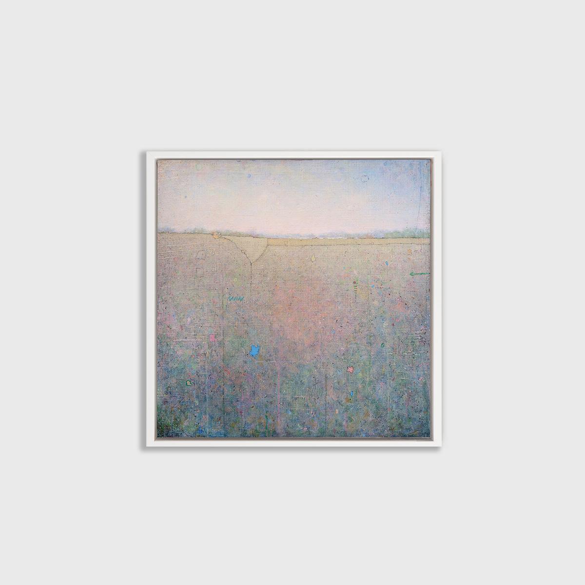 This limited edition print is an abstract landscape by Elwood Howell. It features a high, blurred horizon line - beige with muted green pink, and blue, while above it, muted pink fades into blue.  The pink and blue area below is spattered with small