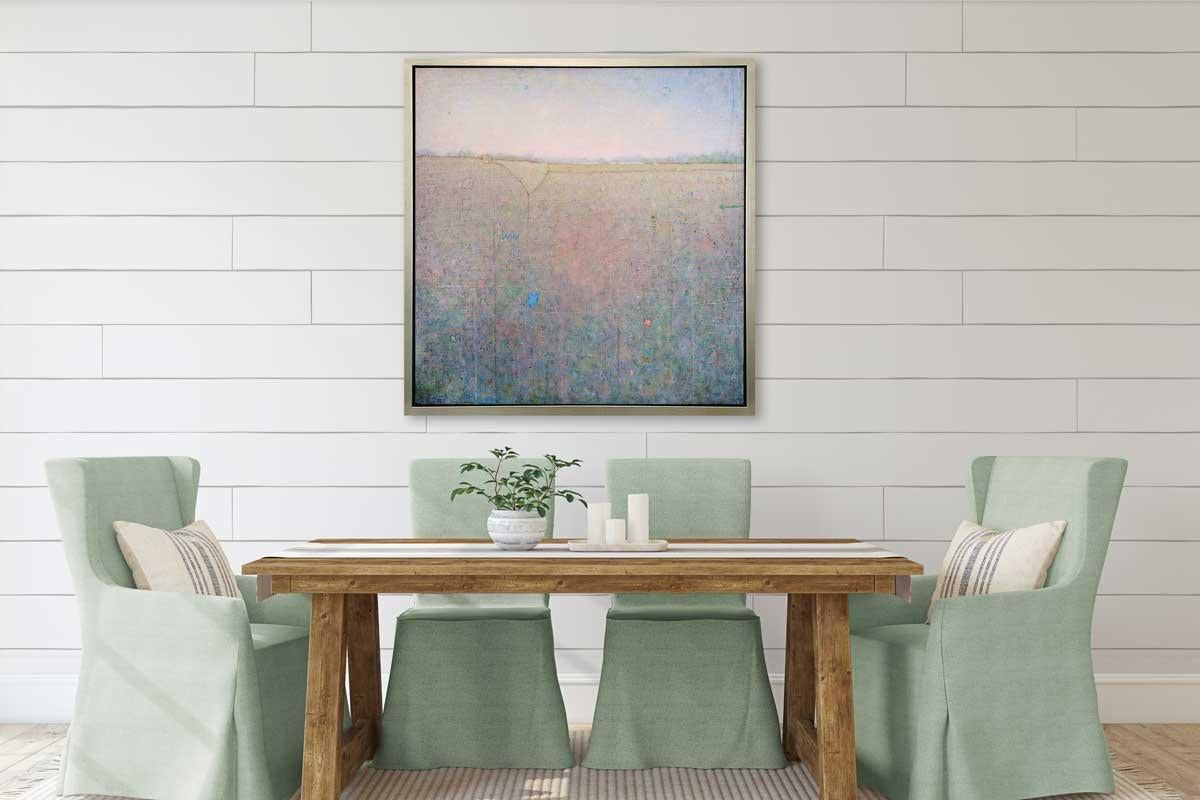 This limited edition print is an abstract landscape by Elwood Howell. It features a high, blurred horizon line - beige with muted green pink, and blue, while above it, muted pink fades into blue.  The pink and blue area below is spattered with small