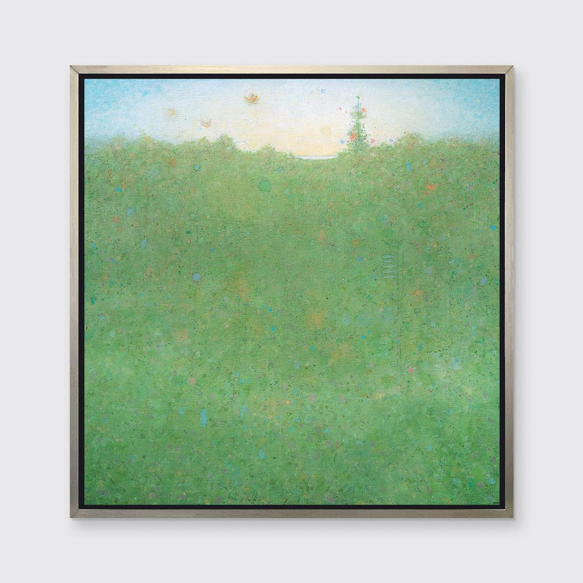 This abstract landscape limited edition print by Elwood Howell features a vibrant green palette. Colorful orange, blue, and violet accent the green area of the composition, which extends up to an imperfect horizon line that is reminiscent of foliage