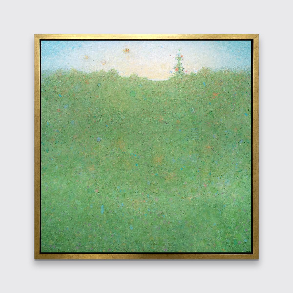 This abstract landscape limited edition print by Elwood Howell features a vibrant green palette. Colorful orange, blue, and violet accent the green area of the composition, which extends up to an imperfect horizon line that is reminiscent of foliage