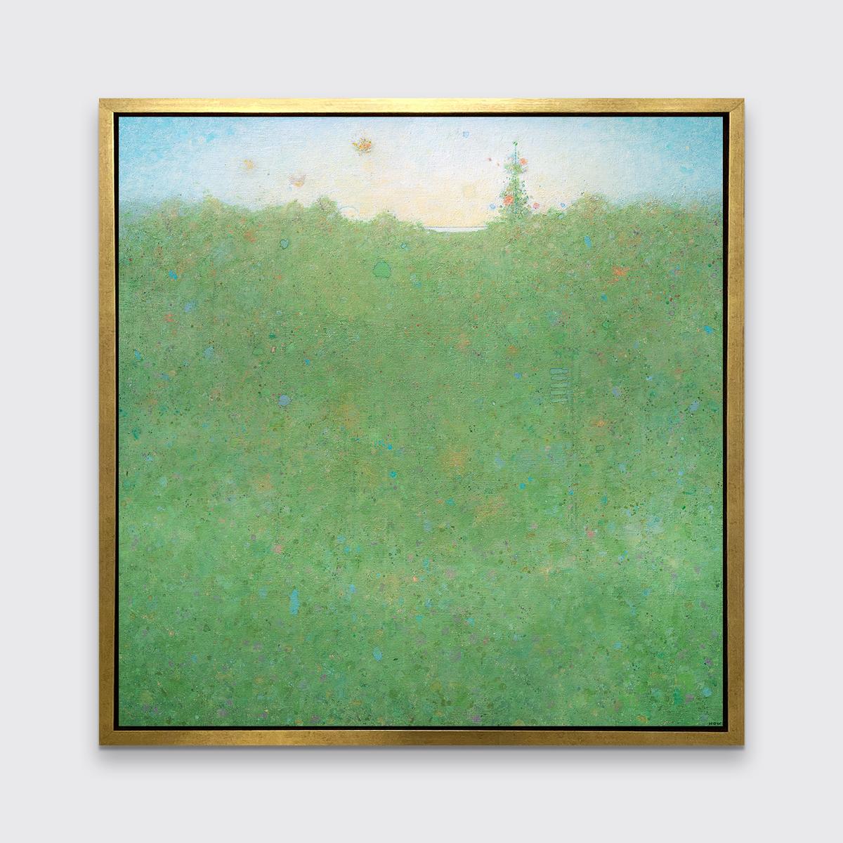 Ce paysage abstrait imprimé en édition limitée par Elwood Howell présente une palette de verts vibrants. Les couleurs orange, bleu et violet accentuent la zone verte de la composition, qui s'étend jusqu'à une ligne d'horizon imparfaite qui rappelle