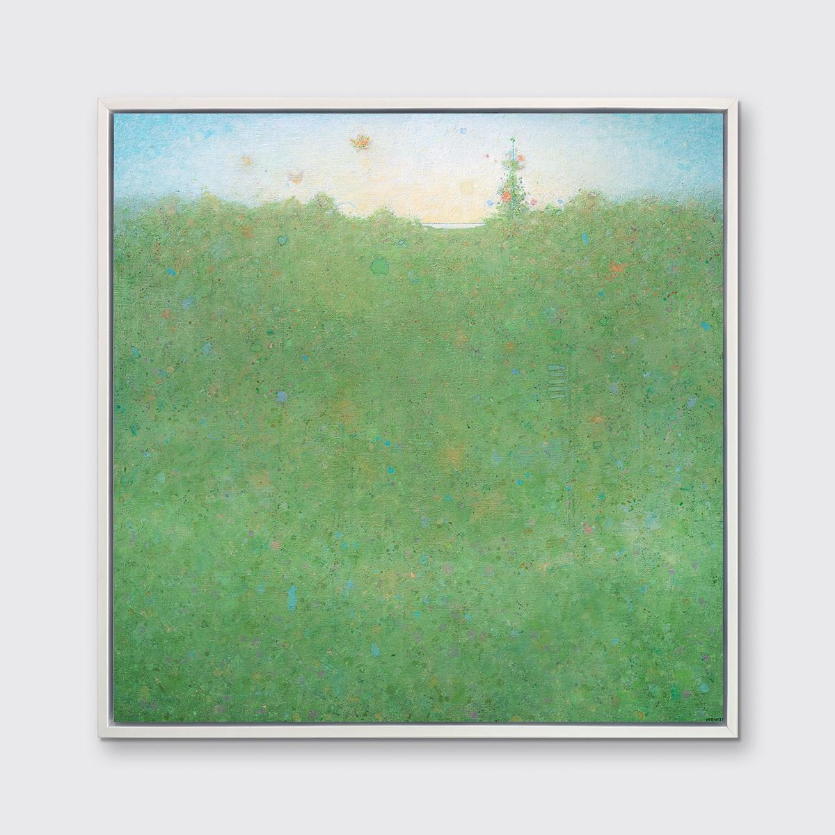 Questo paesaggio astratto stampato in edizione limitata da Elwood Howell è caratterizzato da una vibrante tavolozza verde. I colori arancione, blu e viola accentuano l'area verde della composizione, che si estende fino a una linea d'orizzonte