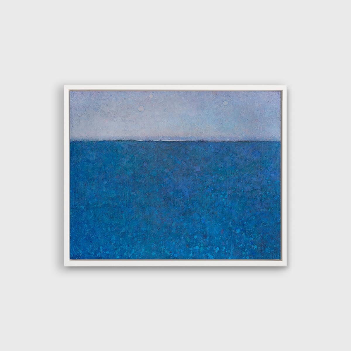 This limited edition print is an abstract landscape by Elwood Howell. In the artist's signature style, the composition is broken up by a high horizon line. A deep, vibrant blue with specs of lighter blue and teal, which creates depth beneath the