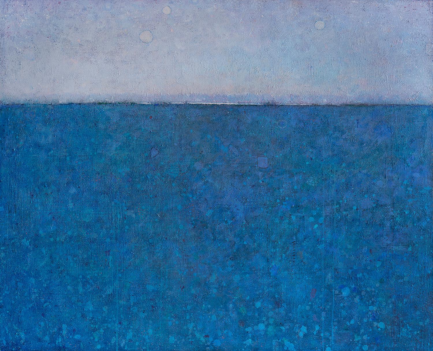 This limited edition print is an abstract landscape by Elwood Howell. In the artist's signature style, the composition is broken up by a high horizon line. A deep, vibrant blue with specs of lighter blue and teal, which creates depth beneath the