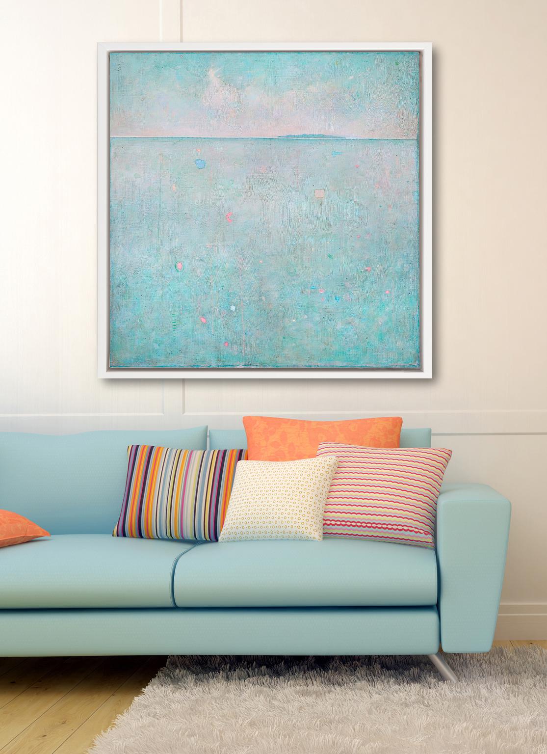 This limited edition abstract landscape print by Elwood Howell features a light, serene palette. The artist's signature horizon line is high up on the canvas, with what looks like a small island resting on it. The area beneath the horizon line is a