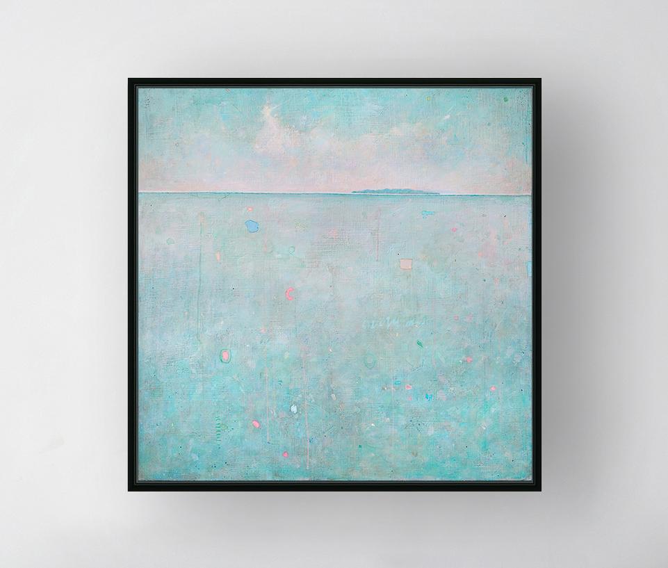 This limited edition abstract landscape print by Elwood Howell features a light, serene palette. The artist's signature horizon line is high up on the canvas, with what looks like a small island resting on it. The area beneath the horizon line is a