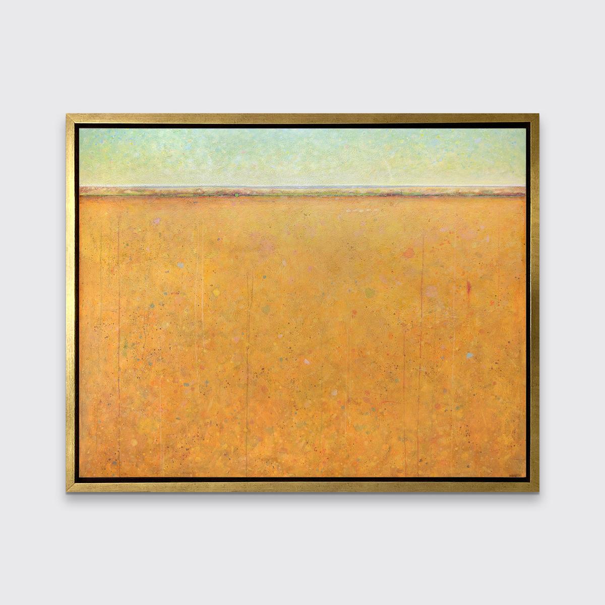 This limited edition print is an abstract landscape by Elwood Howell. It features a high horizon line - deep yellow orange with muted red, green, and yellow organic shapes are beneath the line, while above it, muted yellow fades to green. 

An
