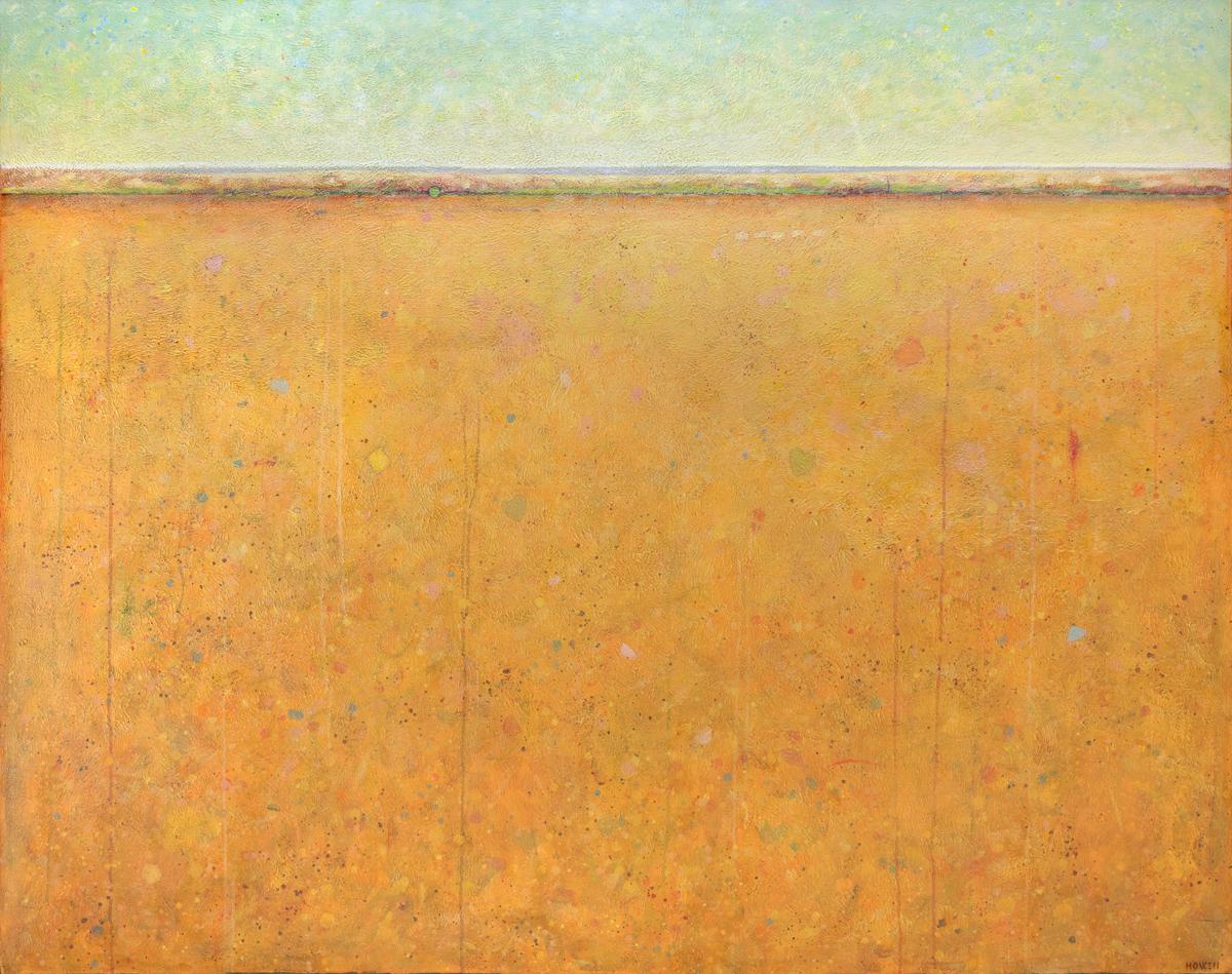 This limited edition print is an abstract landscape by Elwood Howell. It features a high horizon line - deep yellow orange with muted red, green, and yellow organic shapes are beneath the line, while above it, muted yellow fades to green. 

An