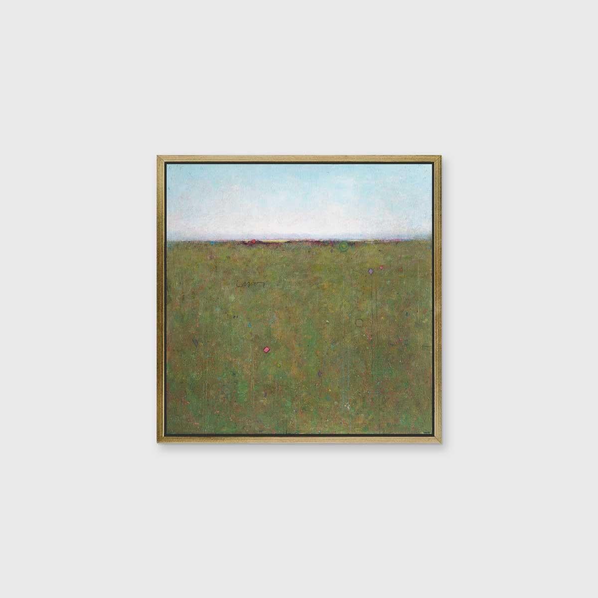 This limited edition print is an abstract landscape by Elwood Howell. Below a high horizon line, a blend of earth colors are layered together with specks of colorful shapes throughout. Above the line, lavender and white fade to light blue up at the