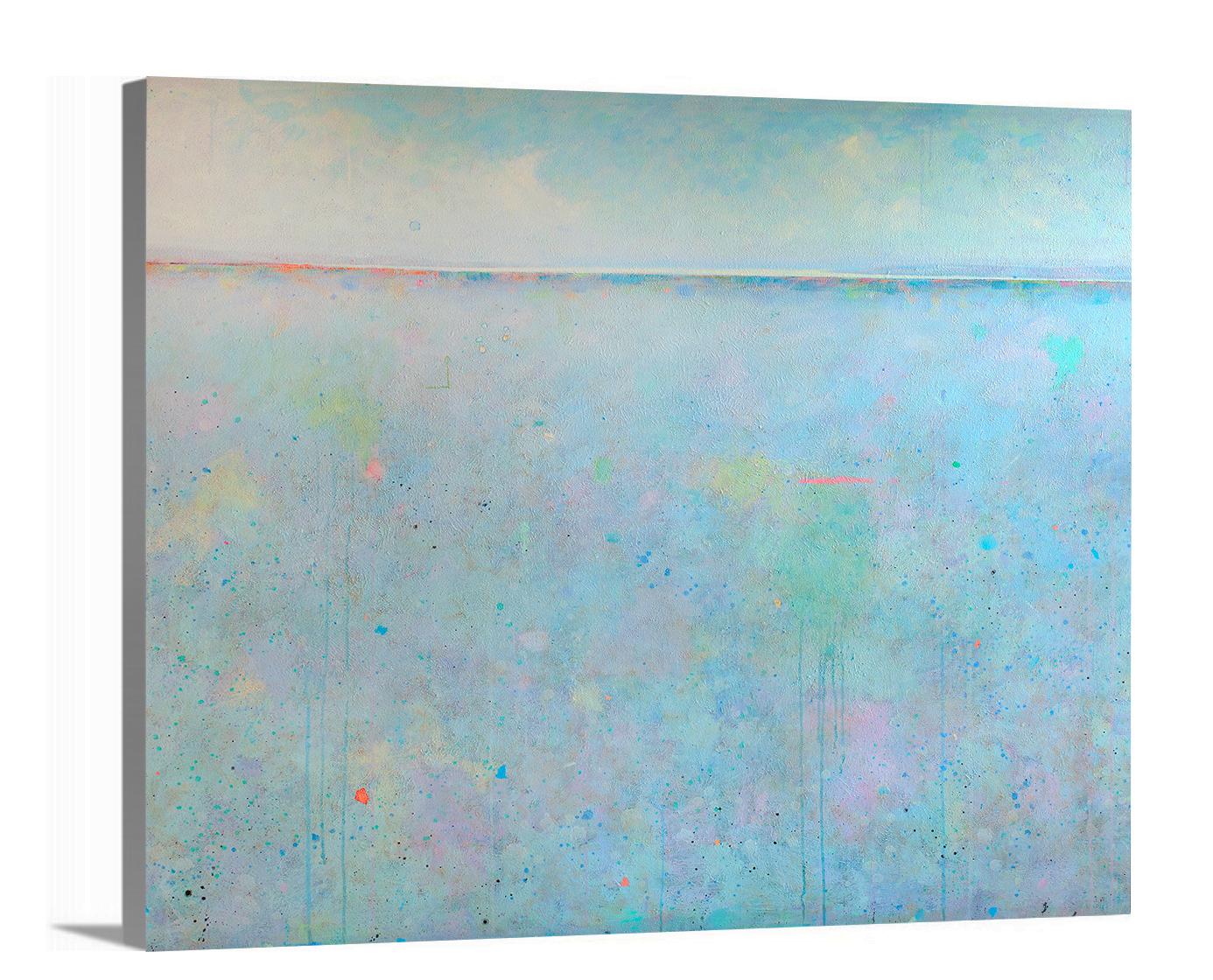 This abstract landscape limited edition print by Elwood Howell features a high horizon line, and a light blue palette.  The foreground portion of the composition beneath the horizon line features specks of bright colors and drips throughout. 

An
