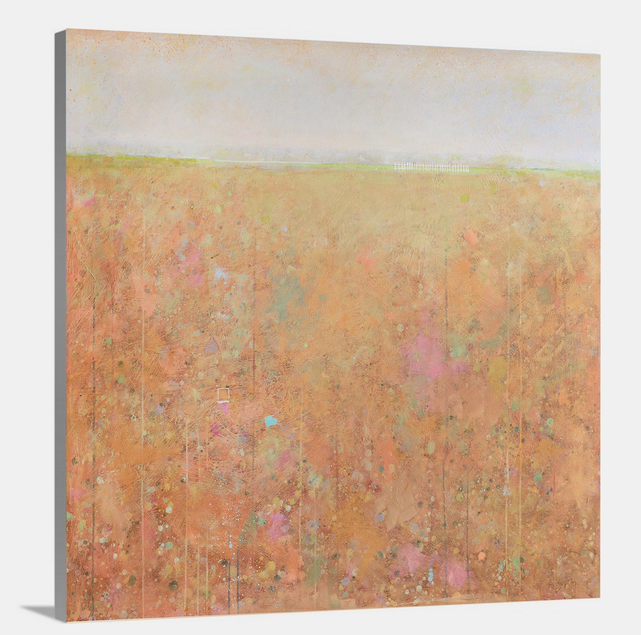 This abstract landscape limited edition print by Elwood Howell features a warm, yellow and orange-hued landscape with a high horizon line and warm undertones. What appears to be a small white picket fence shape is visible along the horizon line.