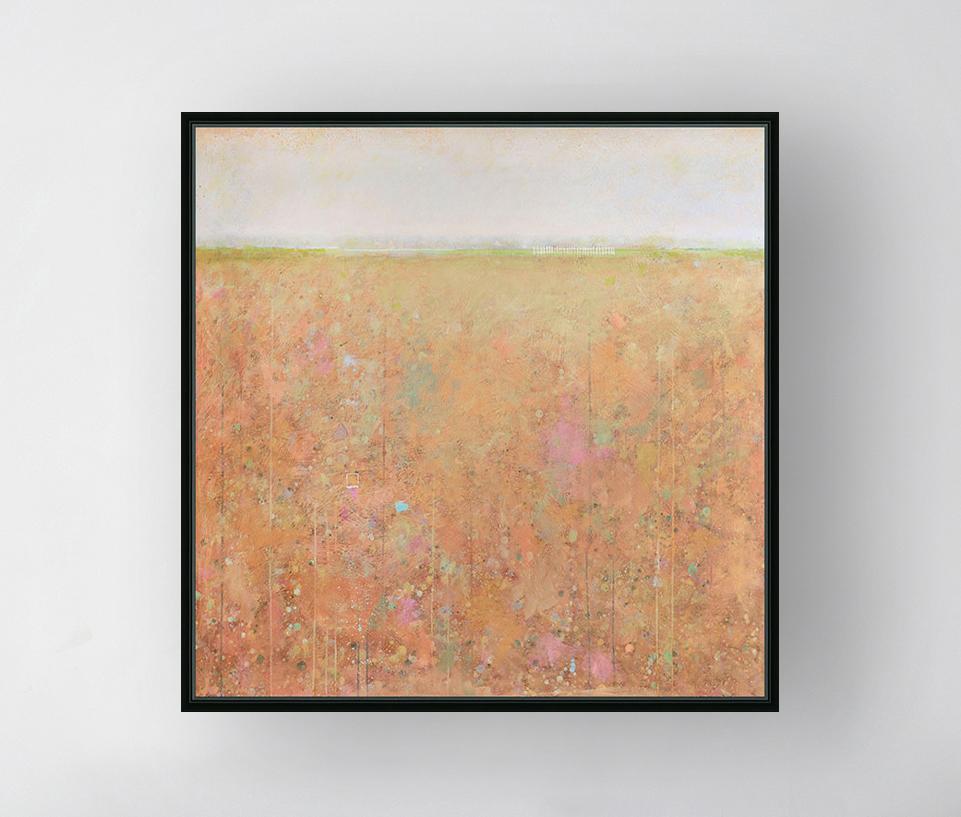 This abstract landscape limited edition print by Elwood Howell features a warm, yellow and orange-hued landscape with a high horizon line and warm undertones. What appears to be a small white picket fence shape is visible along the horizon line.
