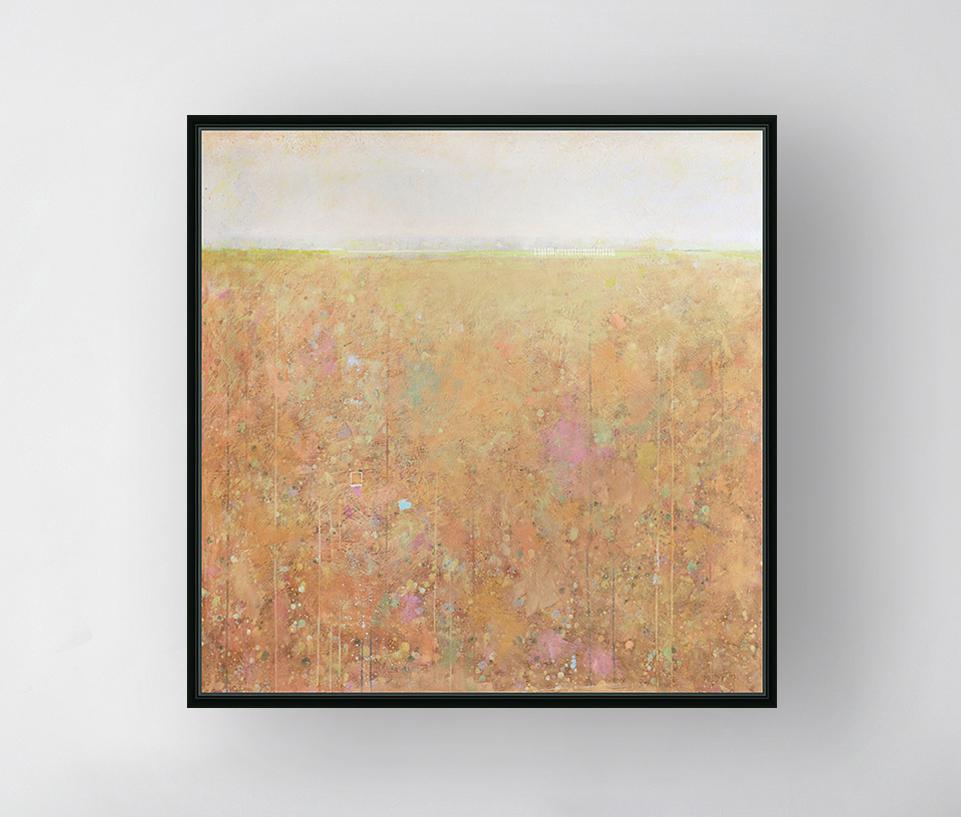 This abstract landscape limited edition print by Elwood Howell features a warm, yellow and orange-hued landscape with a high horizon line and warm undertones. What appears to be a small white picket fence shape is visible along the horizon line.