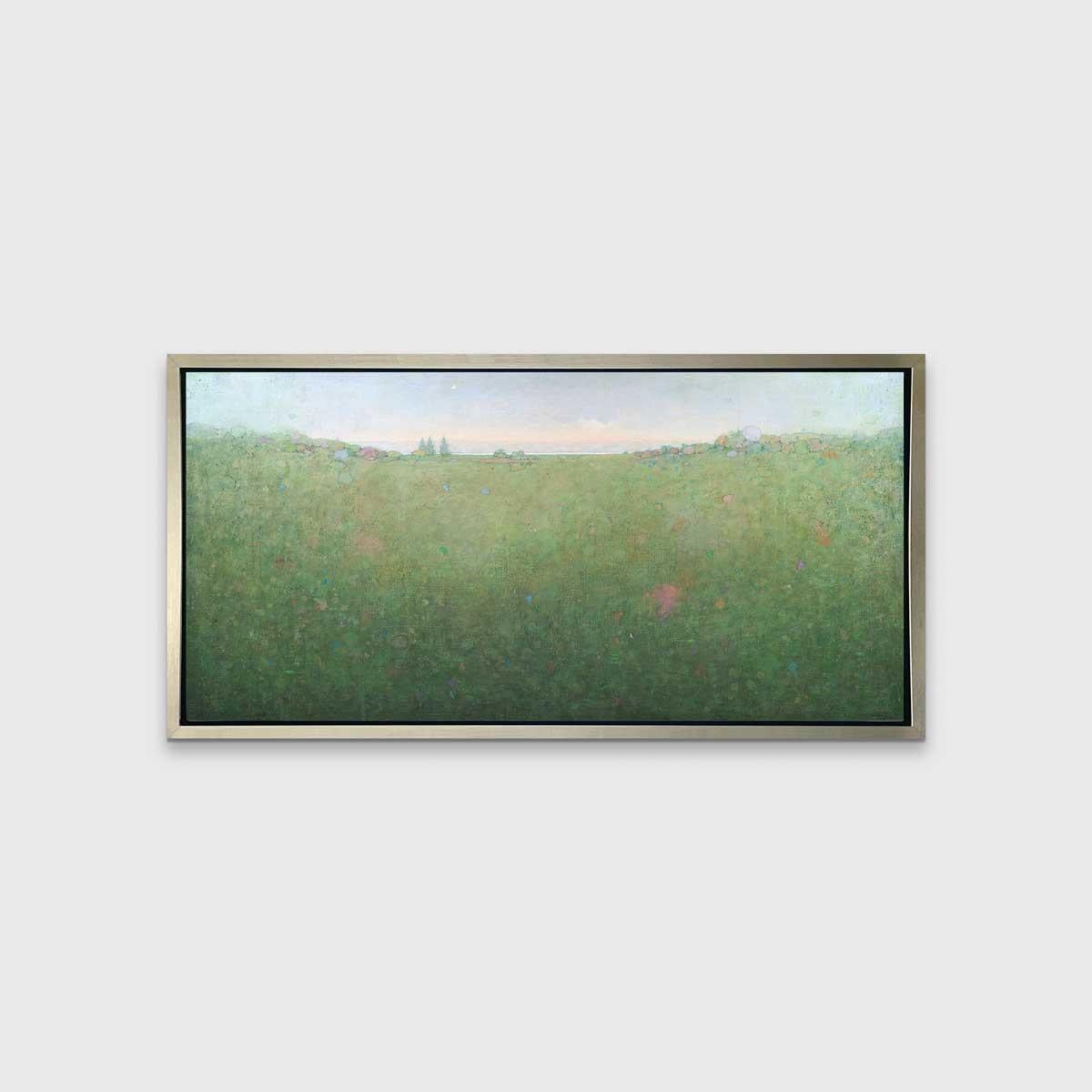 This abstract landscape limited edition print by Elwood Howell features a cool, green and pale blue palette. The artist's signature high horizon line forms a very slight valley at the center, with shapes like foliage and trees in different pale