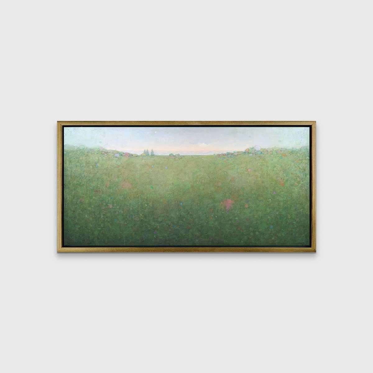 This abstract landscape limited edition print by Elwood Howell features a cool, green and pale blue palette. The artist's signature high horizon line forms a very slight valley at the center, with shapes like foliage and trees in different pale