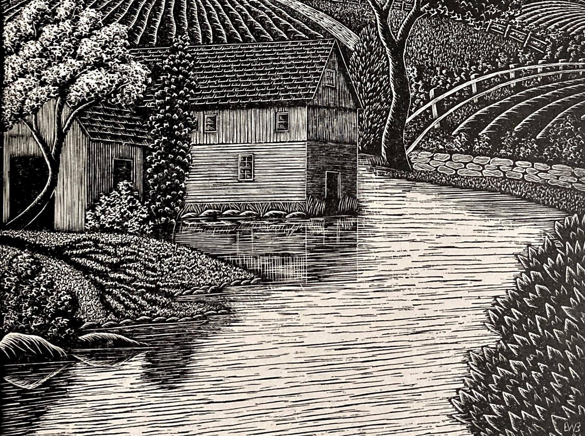 Elwod W. Bartlett, Turtle Creek (Wisconsin), um 1945, Mitte des Jahrhunderts, Holz-Eng. (Grau), Landscape Print, von Elwood Warren Bartlett