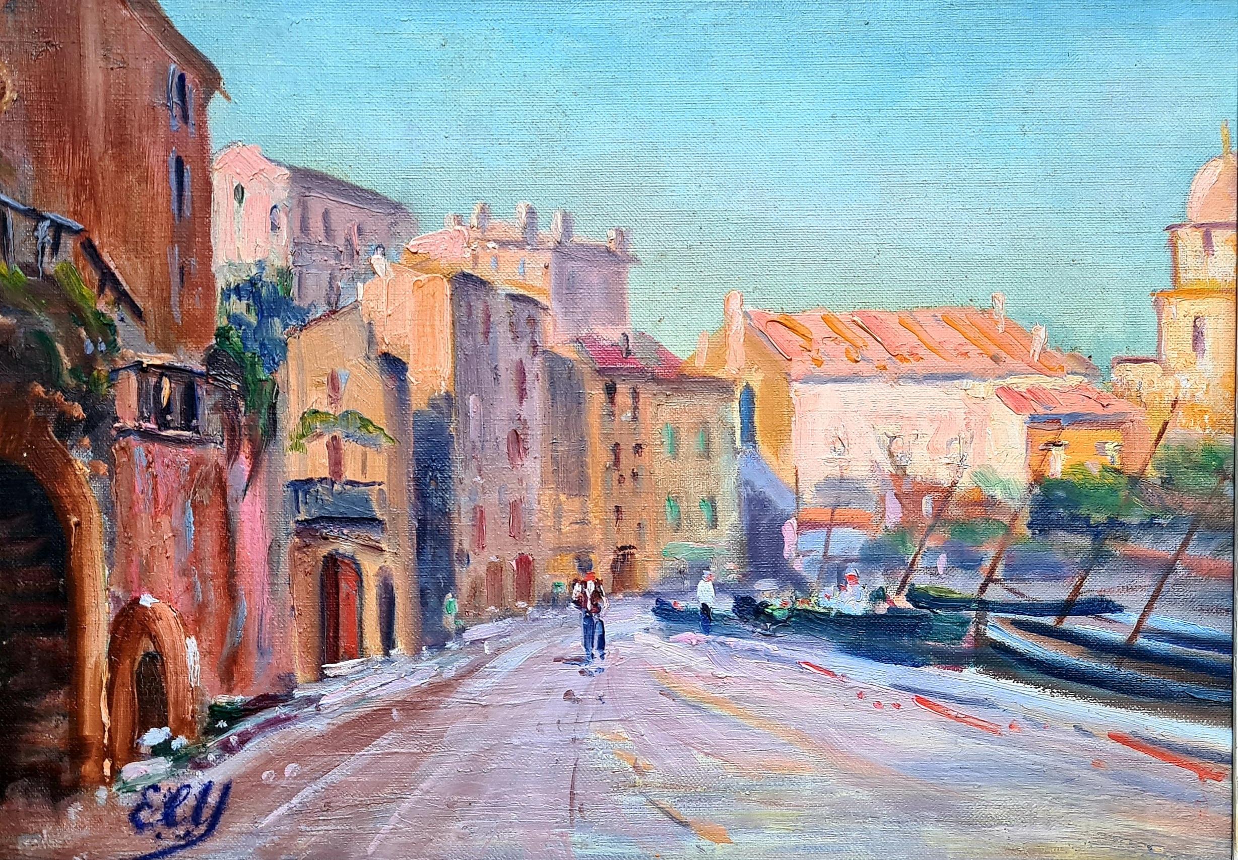 Collioure, eine mediterrane Straßenszene und die Church of Notre Dame des Anges – Painting von E.L.Y.