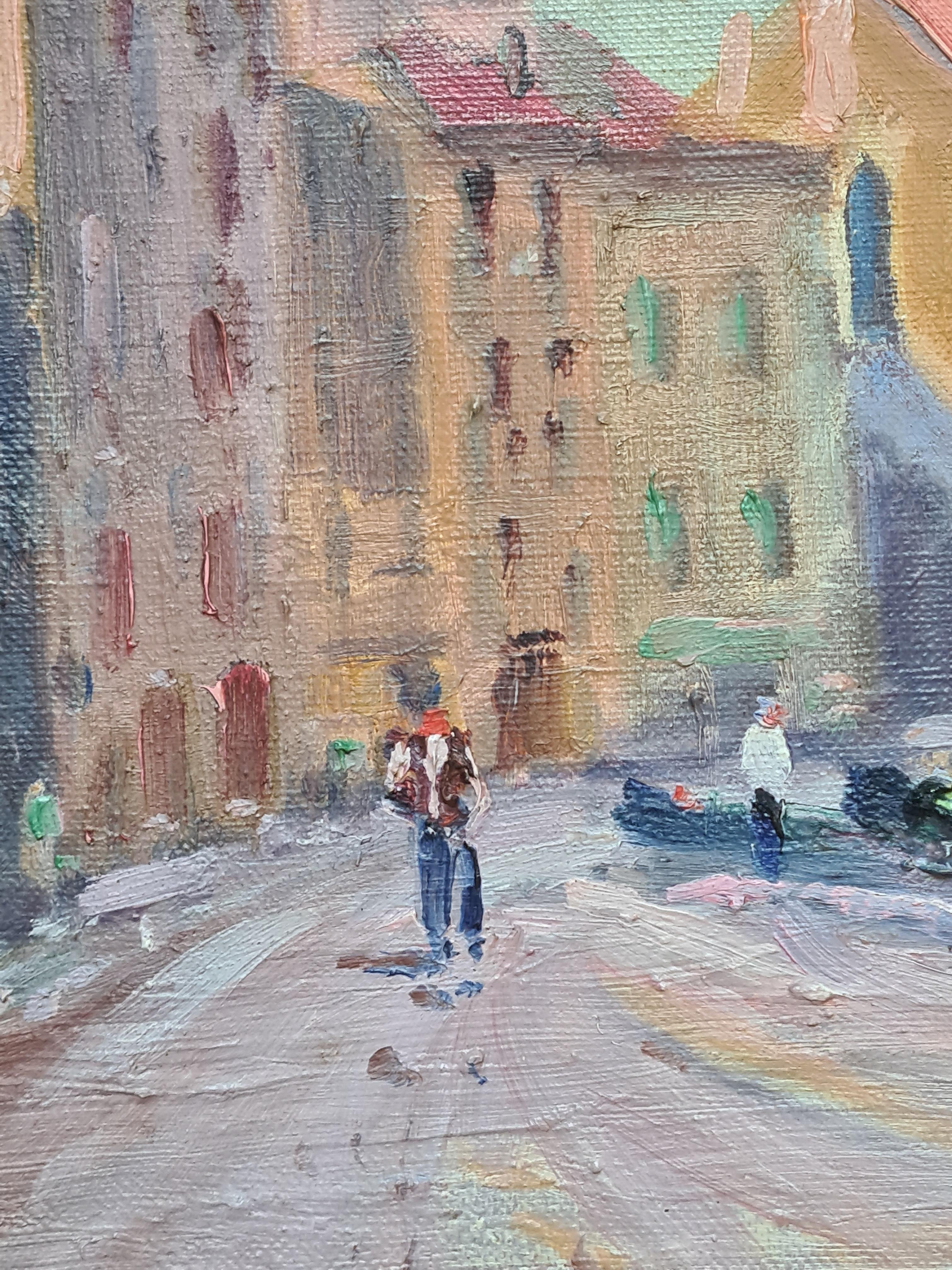 Collioure, eine mediterrane Straßenszene und die Church of Notre Dame des Anges (Grau), Landscape Painting, von E.L.Y.