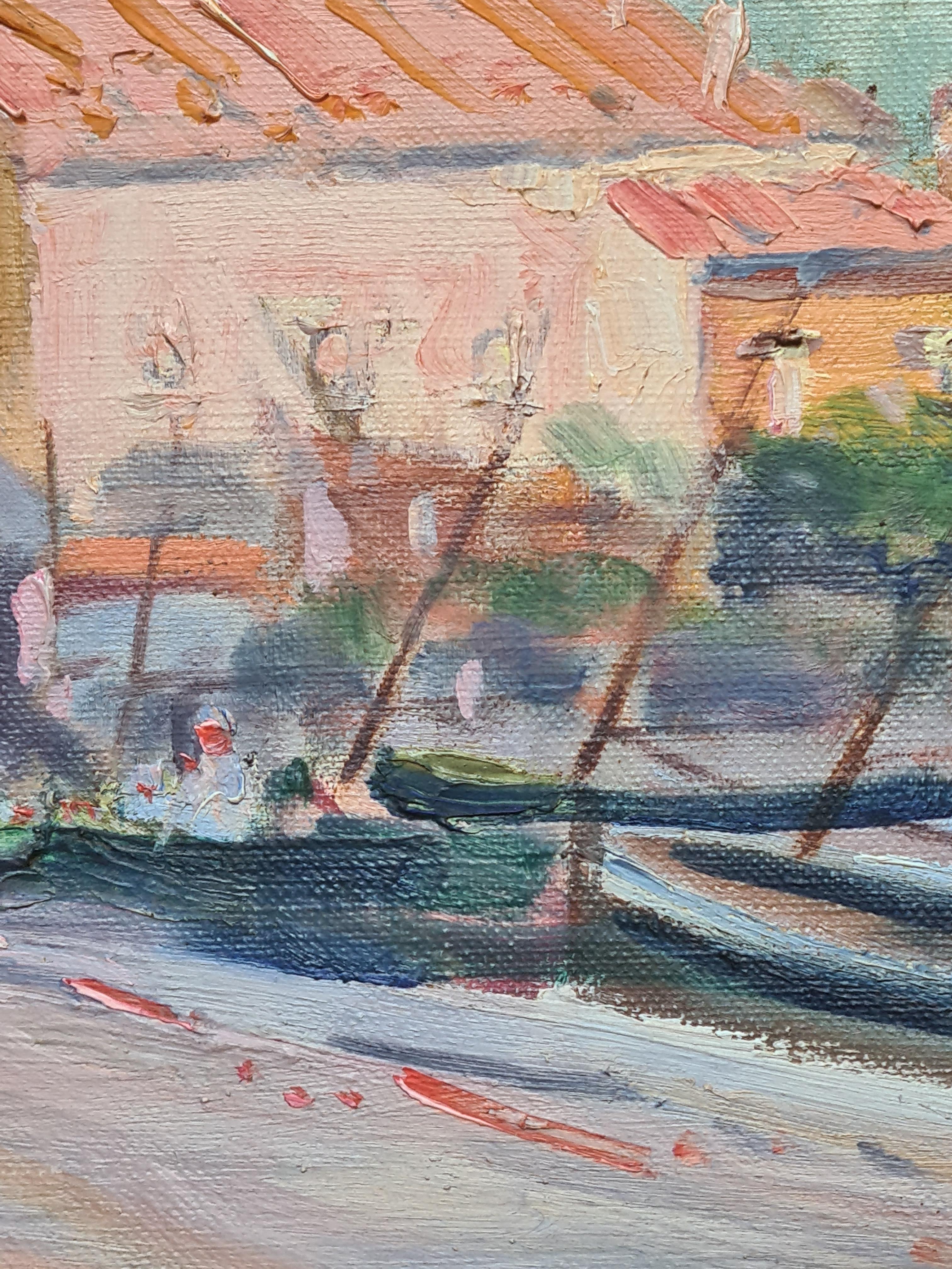 Öl auf Leinwand, Ansicht von Collioure in Südfrankreich, der Heimat der Fauvisten, Anfang des 20. Das Gemälde ist unten rechts mit E.L.Y. signiert (noch nicht entziffert). Der Ort ist zweimal auf die Rückentrage geschrieben. Präsentiert in einem