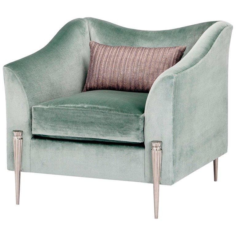 From Francis Sultana's first furniture collection, 'Homage to the Art Deco'. 
Nickel-plated bronze legs, upholstered. Armchair requires x6 meters COM.