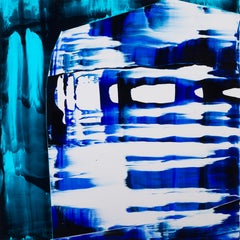 More Than I Imagined: bold abstract painting w/ blue, green, black & white lines