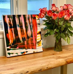 En: pintura abstracta expresionista gestual con rojos, rosas, blancos y oscuros