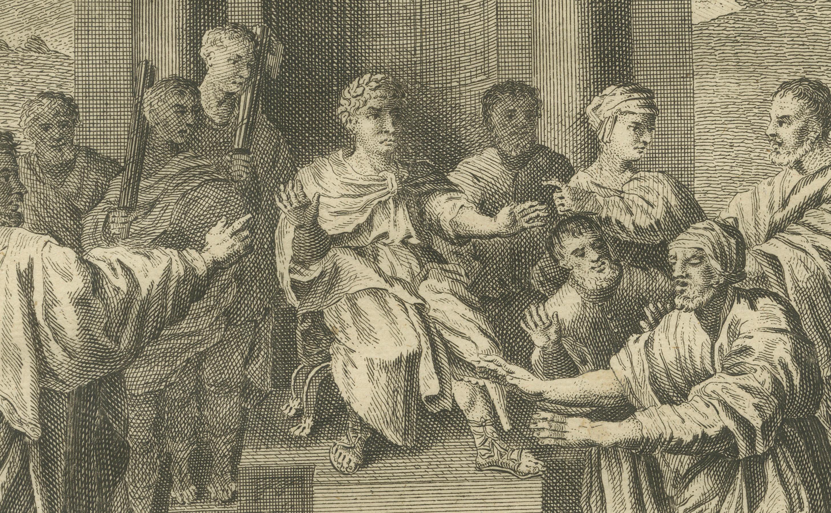 Elymas the Sorcerer Struck Blind, Antique Engraving c.1735 In Good Condition For Sale In Langweer, NL
