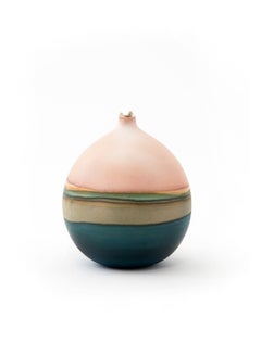 Pluto in Peach and Prussian - a round, colorful medium sculpture by Elyse Graham