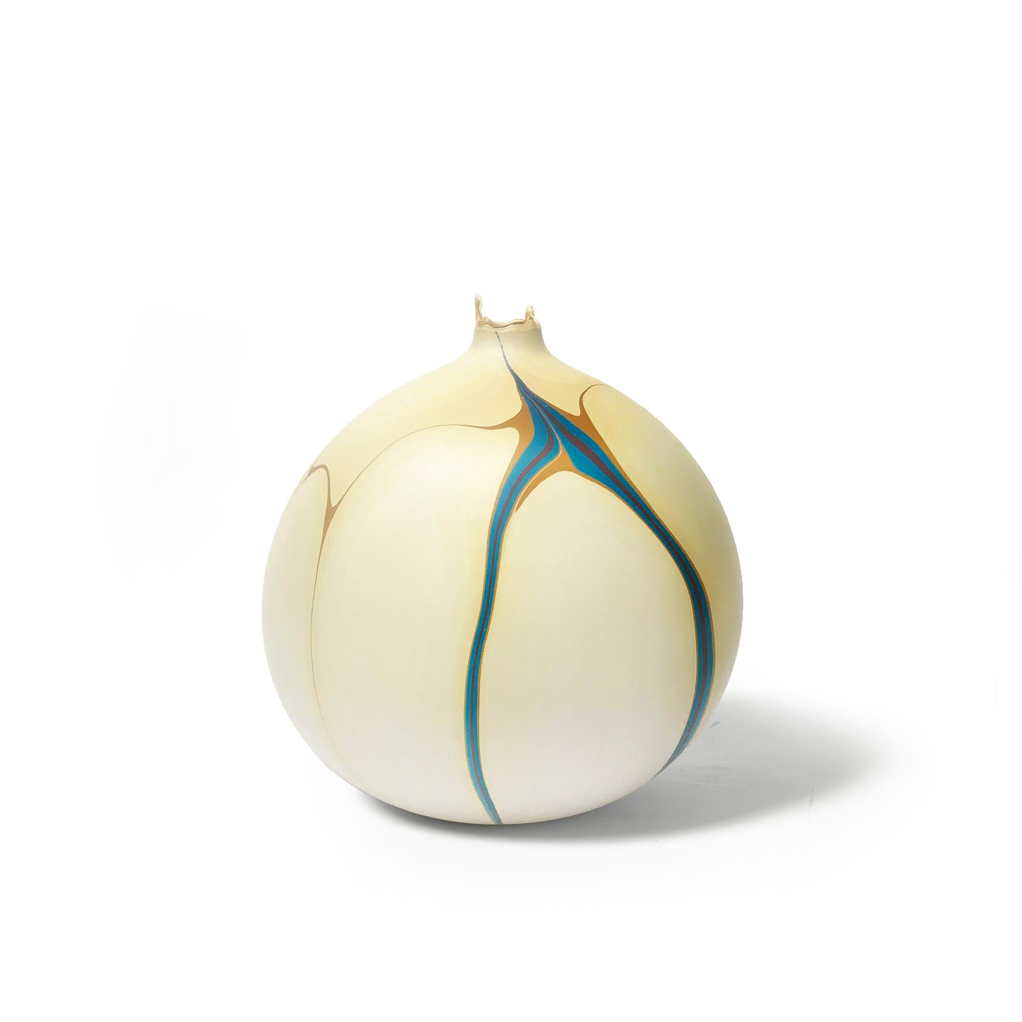 Manifested by Los Angeles based sculptor, Elyse Graham, Rhine Vase is round in shape and measures to  9" h x 8"w x 8"d and is part of her Hydro Collection.  The hand-dyed marbled pattern on this piece features a warm yellow base with green and red.