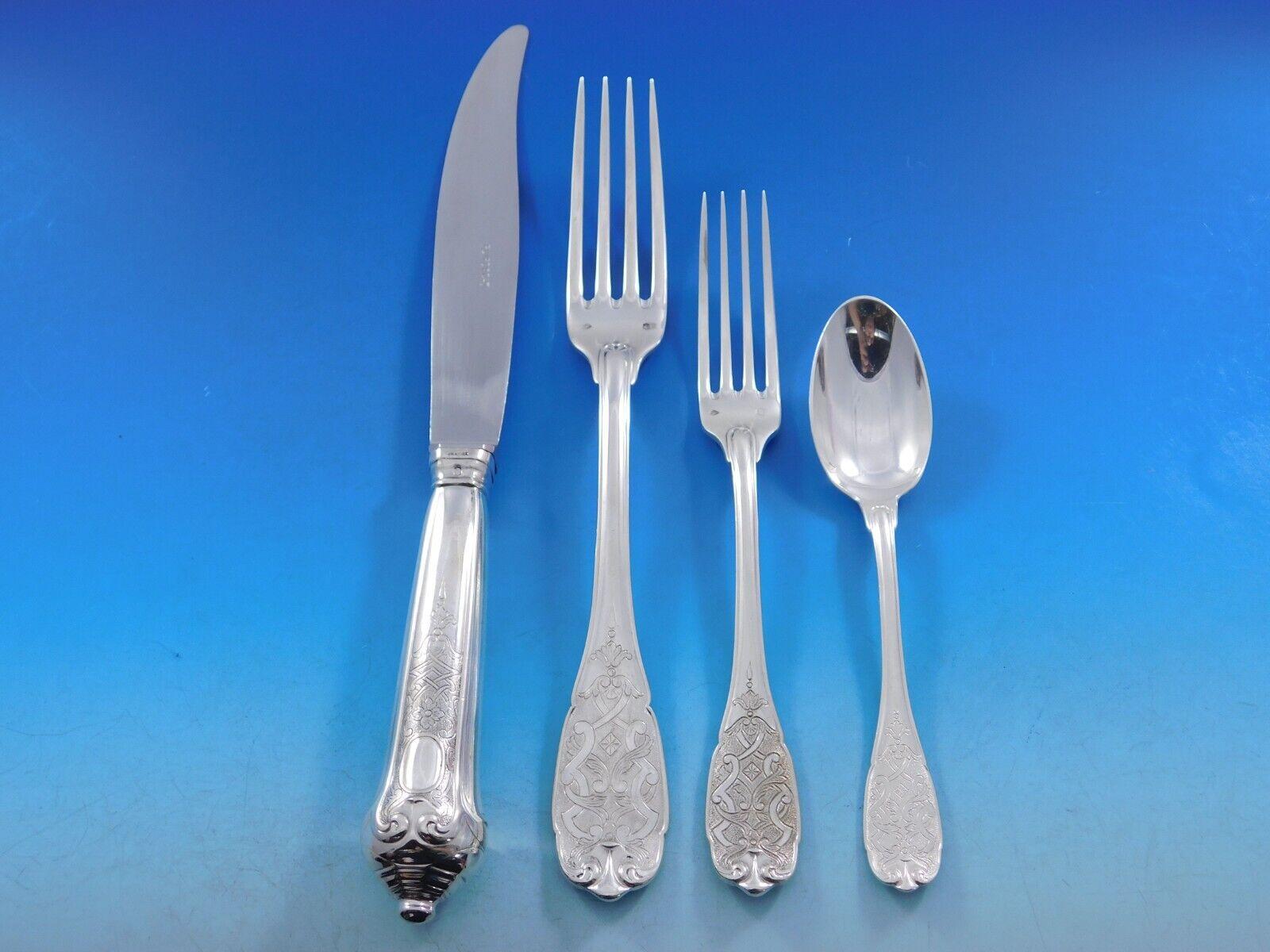 Art Deco Elysee by Puiforcat French Sterling Silver Flatware Set 12 Dinner Service 96 pcs For Sale