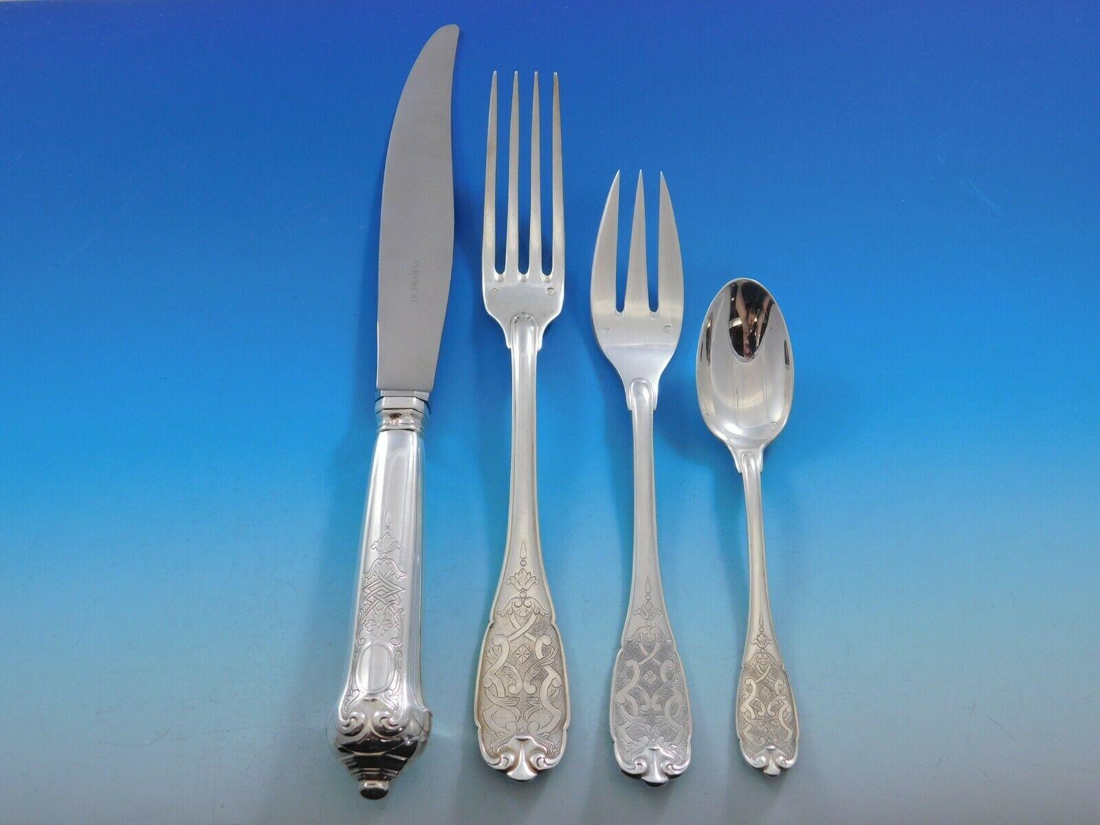 Impressive Elysee by Puiforcat sterling silver flatware set, 136 pieces. This set includes:

12 dinner knives, 10 1/4