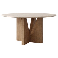 Table de salle à manger en travertin et en chêne français cérusé "Elysées" par Christiane Lemieux