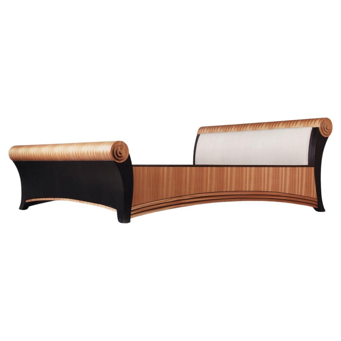 Elysia Bed in Natural Ribbon Sapeli with Black Detailing For Sale