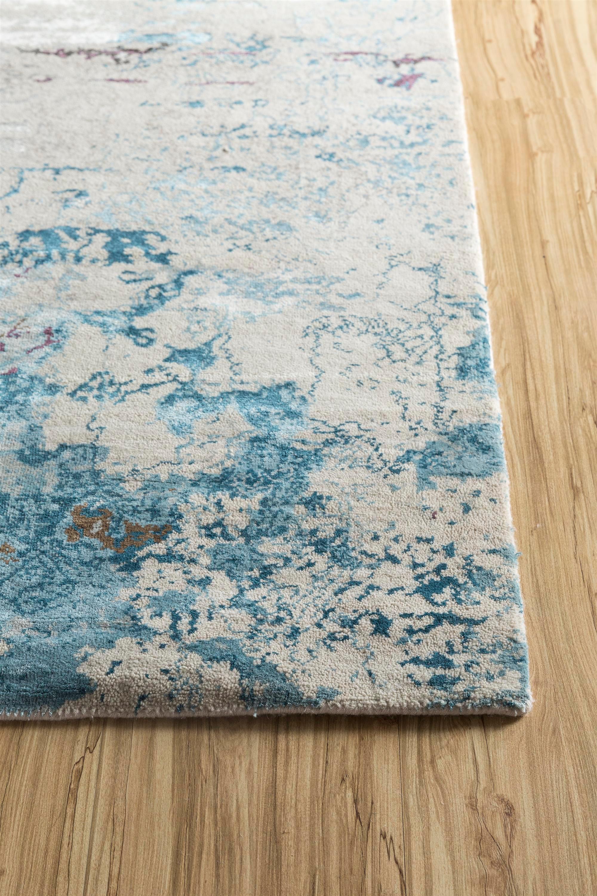 Antiker weißer und tiefer Tealfarbener handgeknüpfter Tealteppich 270x360 cm Elysian Waves (Moderne) im Angebot