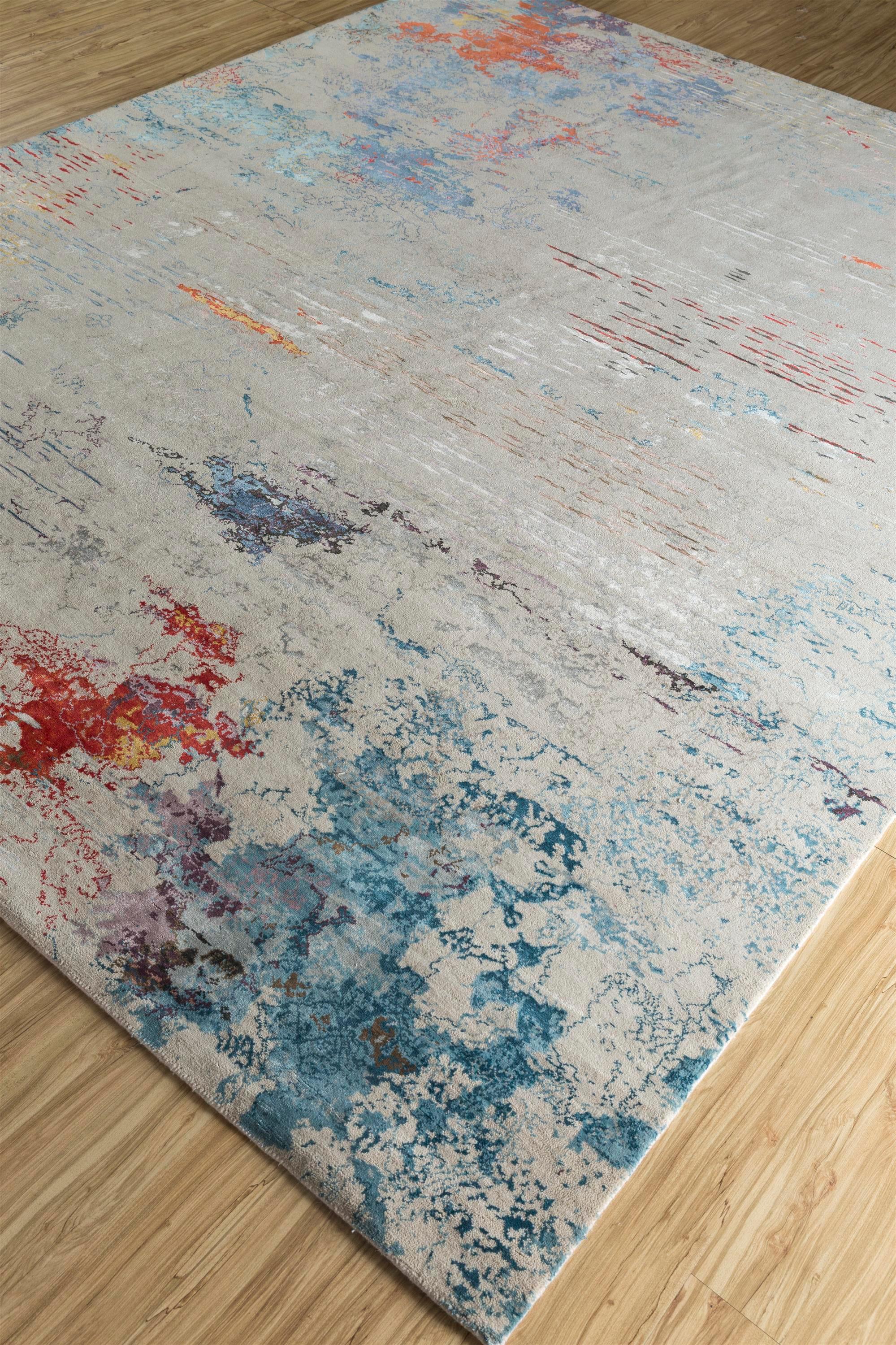 Antiker weißer und tiefer Tealfarbener handgeknüpfter Tealteppich 270x360 cm Elysian Waves (Indisch) im Angebot