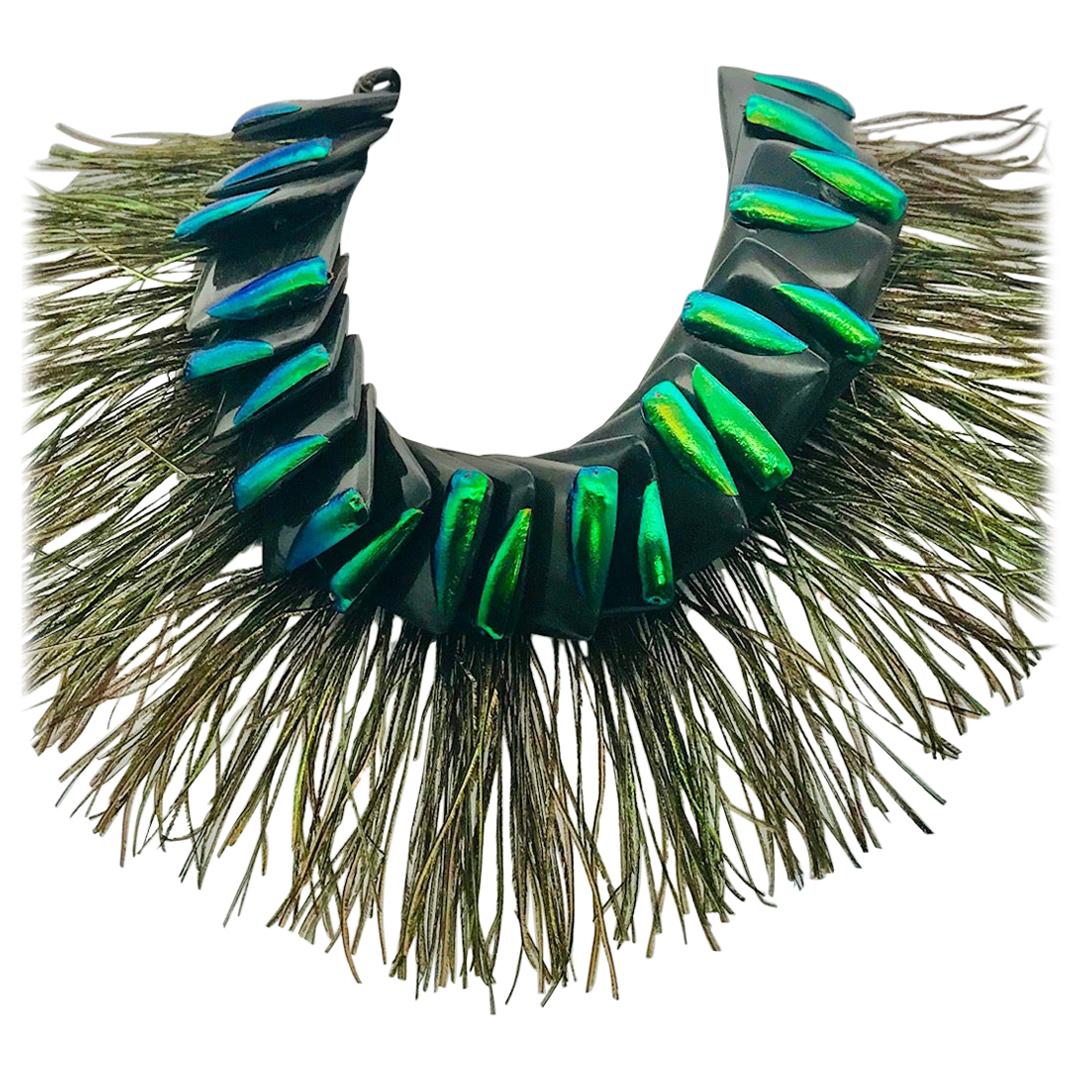 Elytra/Peacock Feathers , Theatrical Statement Necklace by Sylvia Gottwald  For Sale