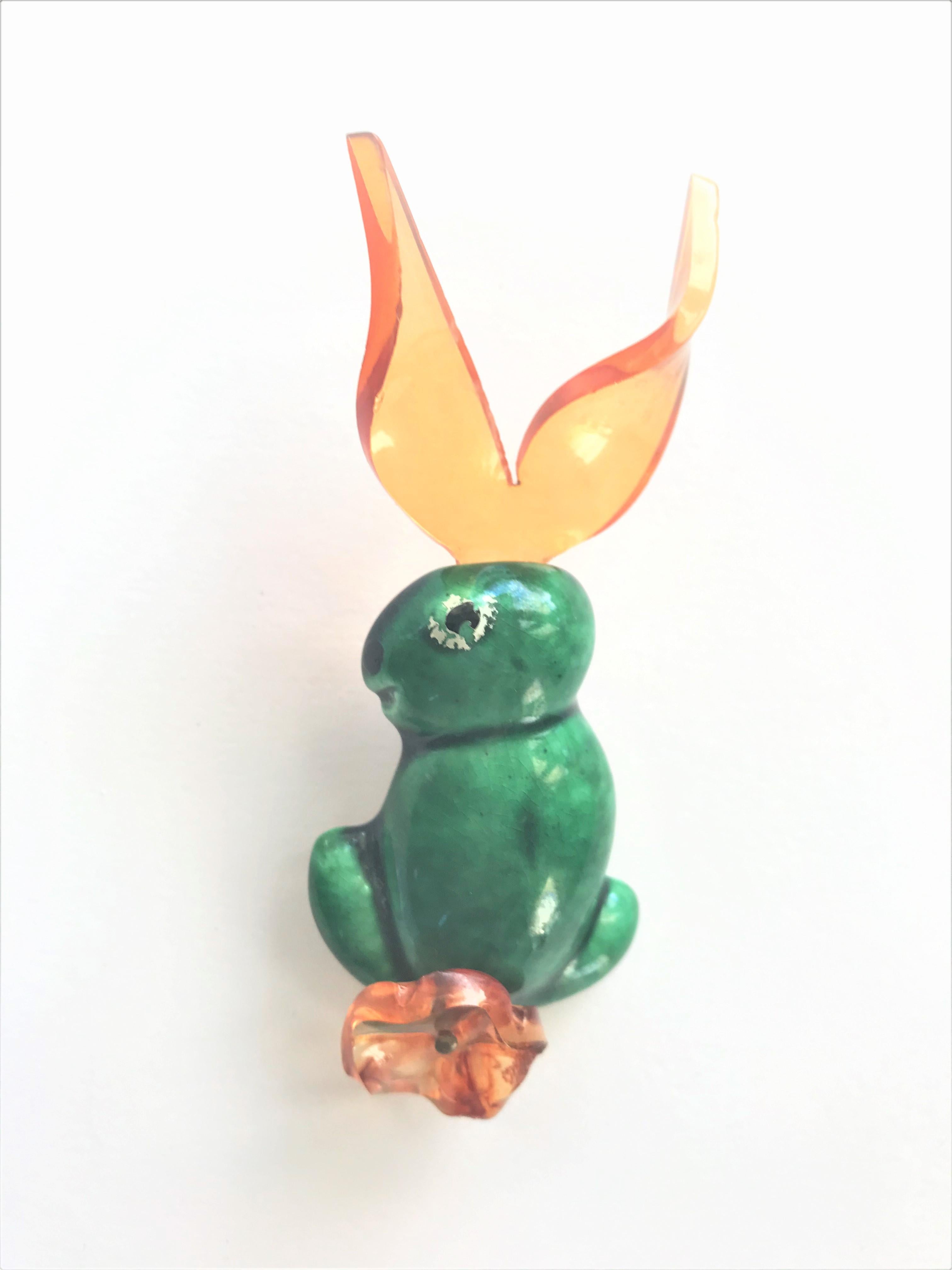 Artisan ELZAC ceramic bunny brooch, Jelly belly lucite ears L. Angeles  1940  