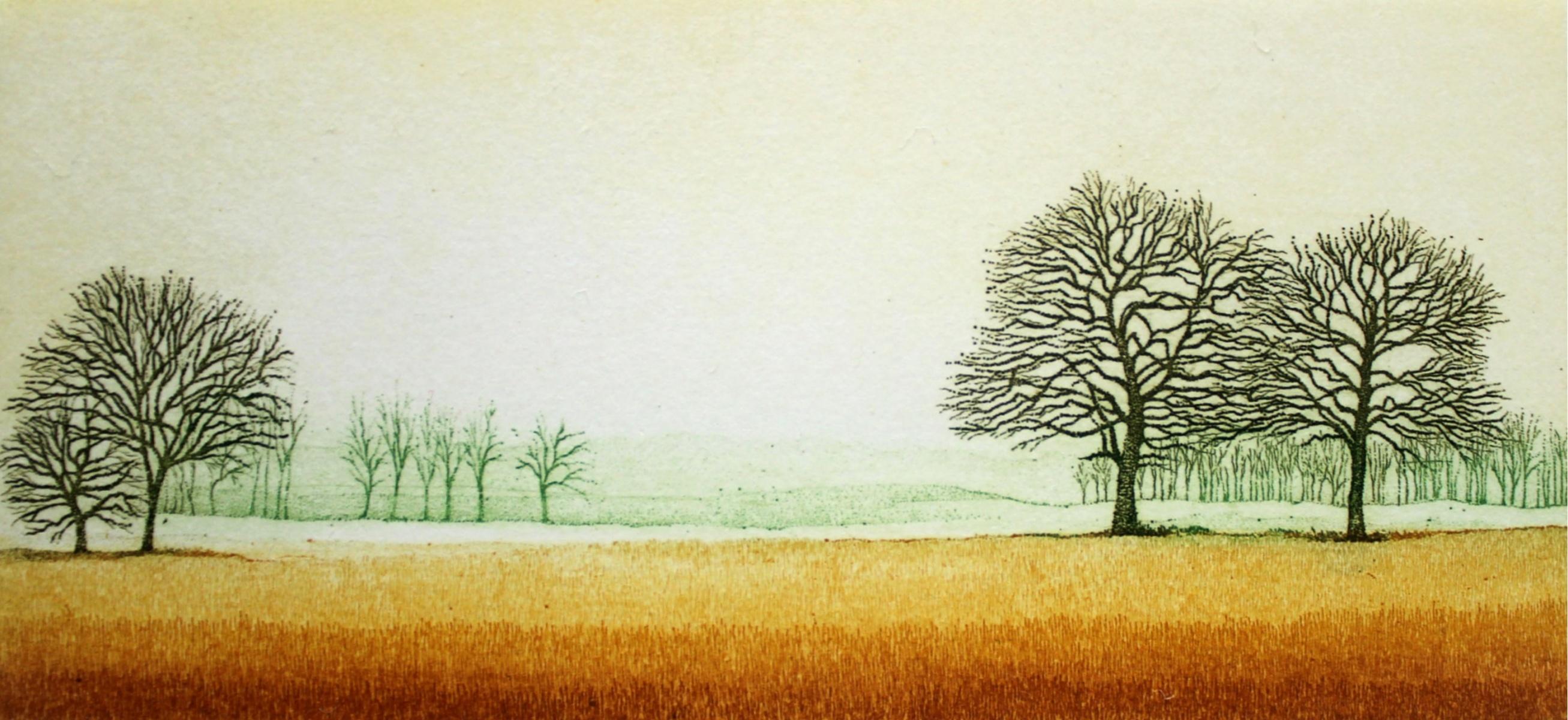 Elżbieta Bocianowska Figurative Print - A distance. Landscape figurative print, Miniature, Trees, Polish artist