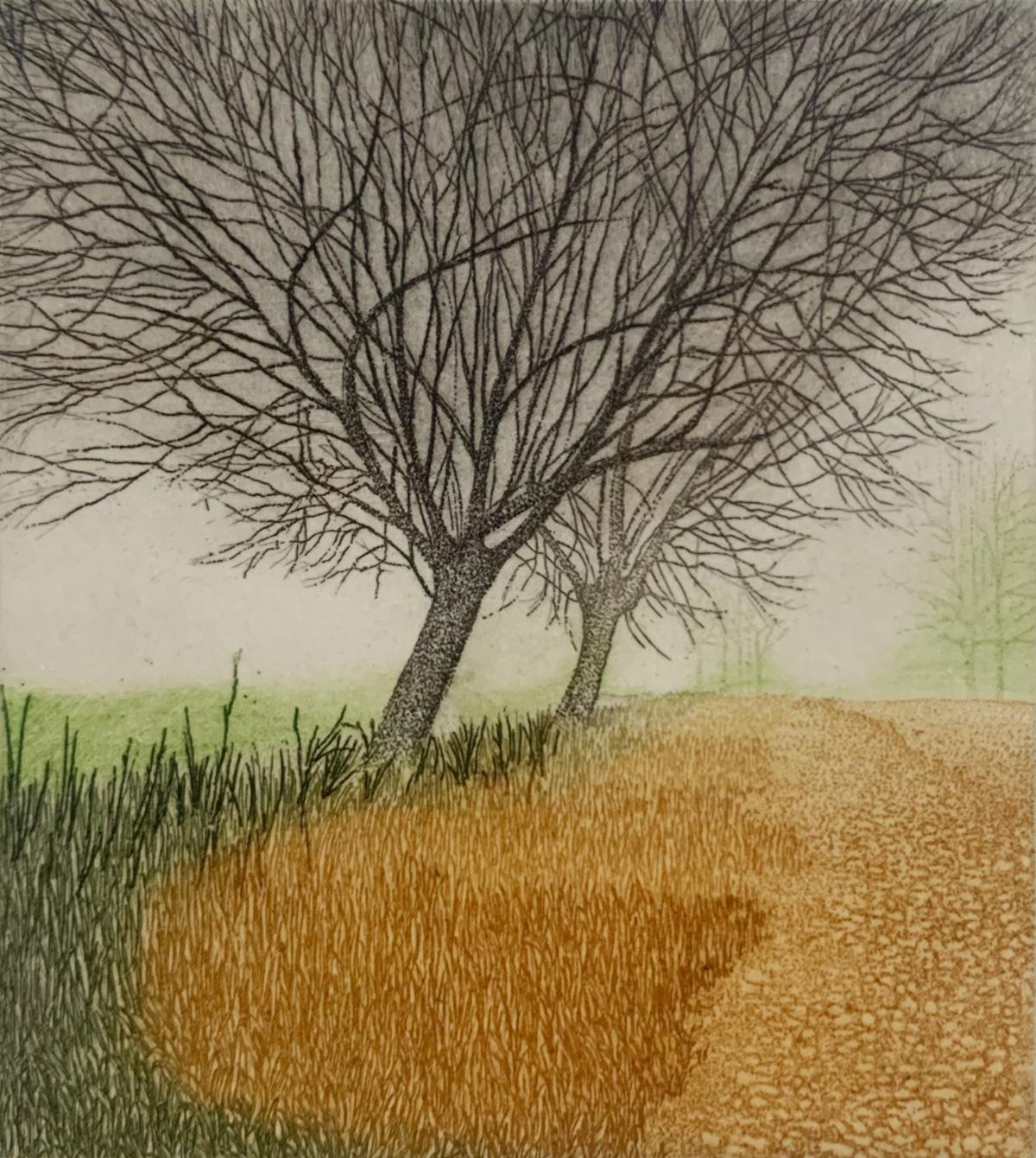 Elżbieta Bocianowska Figurative Print - A fog. Landscape figurative print, Miniature, Trees, Polish artist