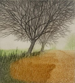 A fog. Landscape figurative print, Miniature, Trees, Polish artist