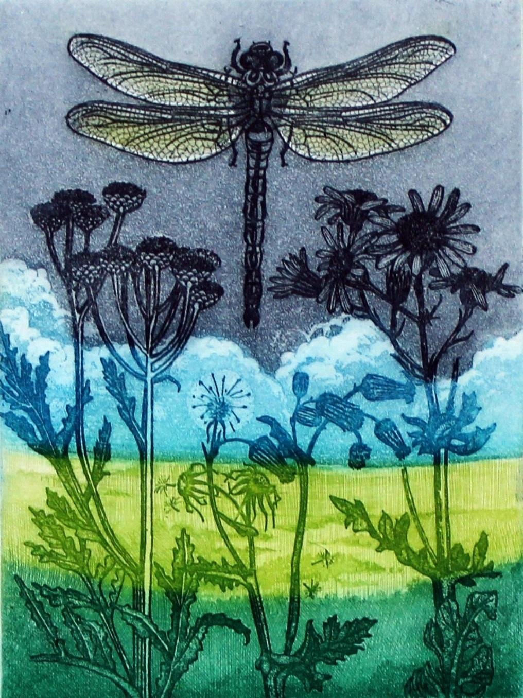 Elżbieta Bocianowska Figurative Print - A meadow 1. Landscape figurative print, Miniature, Insects, Polish artist