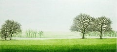 Distance - XXI Century, Contemporary Landscape Etching, Rural View, Green Colors