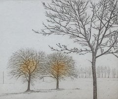 In the autumn Landscape figurative print, Miniature, Trees, Polish artist