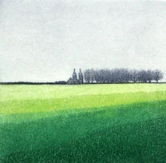 In the Distance - XXI Century, Contemporary Lanscape Etching, Rural View, Green 