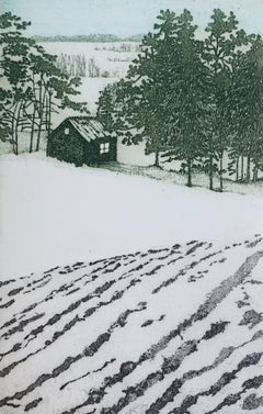 January. Landscape figurative print, Miniature, Trees, Polish artist