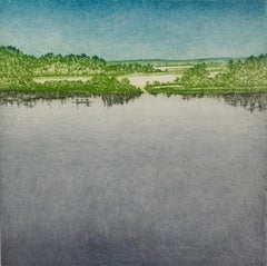 Lake 1. Landscape figurative print, Miniature, Polish artist