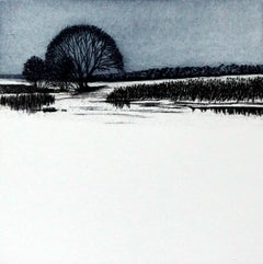 Lake III - XXIe siècle, imprimé figuratif de paysage, blanc et bleu