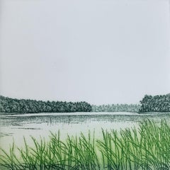 Lasko village. Landscape figurative print, Miniature, Trees, Polish artist