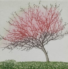 Primavera. Landscape figurative print, Miniature, Trees, Polish artist