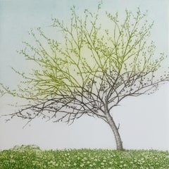 Primavera. Landscape figurative print, Miniature, Trees, Polish artist